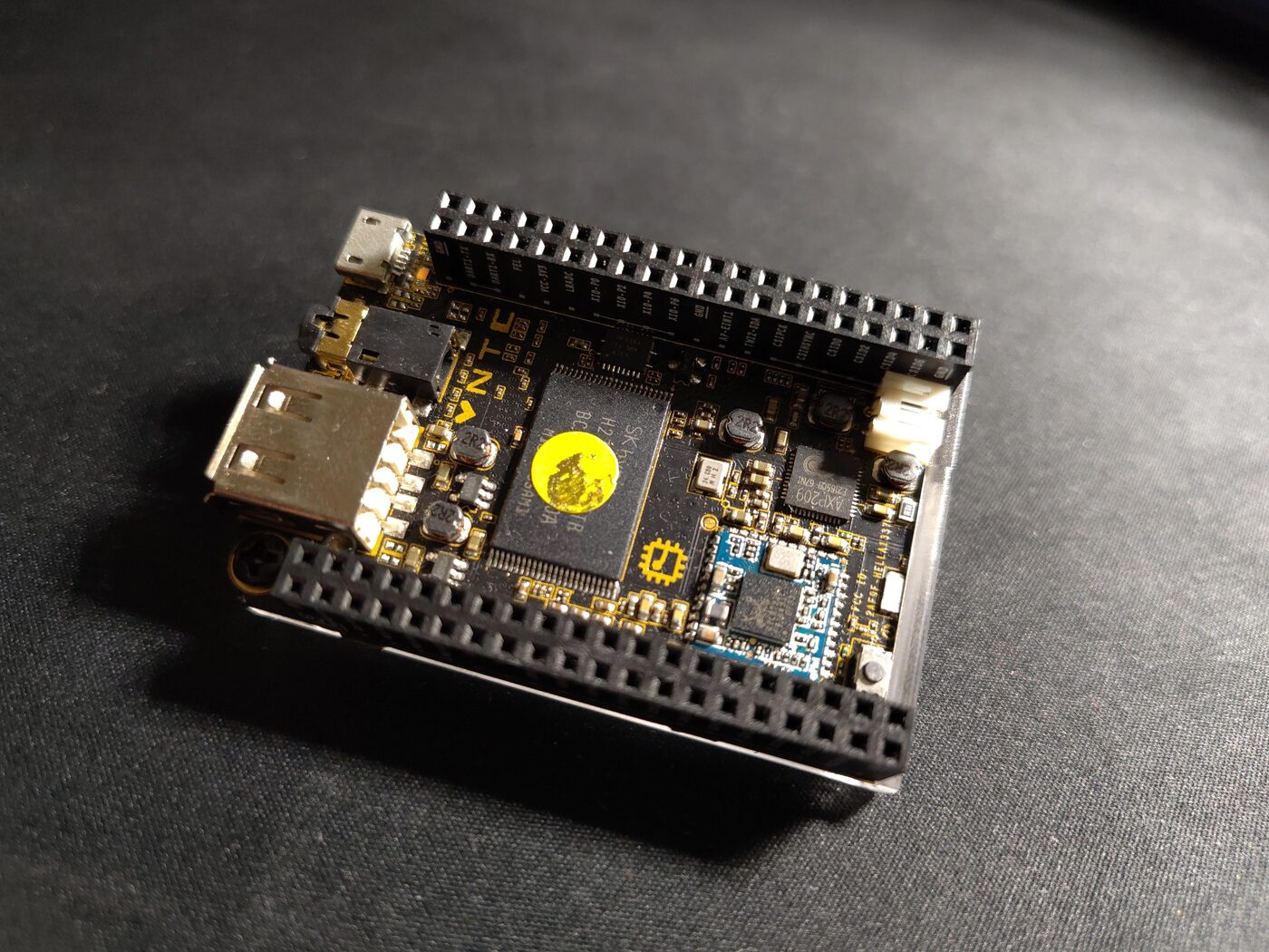 The bare C.H.I.P. board with the SK hynix NAND chip in the center and the RTL8723BS WiFi/Bluetooth module beside it